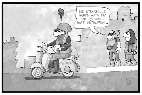 Cartoon: Strafzölle (medium) by Kostas Koufogiorgos tagged karikatur,koufogiorgos,illustration,cartoon,eu,strafzölle,harley,amerikanisch,usa,vespa,motoroller,rocker,hells,angels,motorrad,wirtschaft,karikatur,koufogiorgos,illustration,cartoon,eu,strafzölle,harley,amerikanisch,usa,vespa,motoroller,rocker,hells,angels,motorrad,wirtschaft