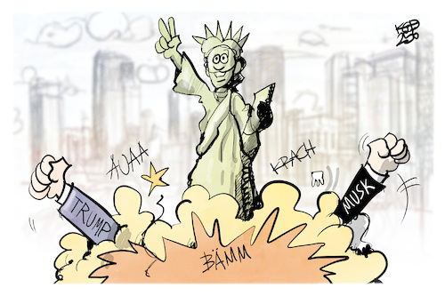 Cartoon: Streit zwischen Musk und Trump (medium) by Kostas Koufogiorgos tagged karikatur,koufogiorgos,usa,trump,musk,streit,miss,liberty,karikatur,koufogiorgos,usa,trump,musk,streit,miss,liberty