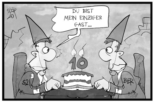 Cartoon: Stuttgart 21 feiert (medium) by Kostas Koufogiorgos tagged karikatur,koufogiorgos,illustration,cartoon,geburtstag,stuttgart,21,s21,ber,flughafen,haltestelle,bahnhof,feier,gast,bahn,bahnprojekt,s21