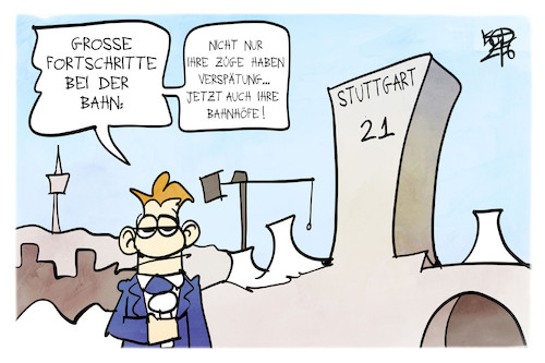 Cartoon: Stuttgart 21 verspätet sich (medium) by Kostas Koufogiorgos tagged karikatur,koufogiorgos,stuttgart,21,reporter,verspätung,bahn,bahnhof,zug,karikatur,koufogiorgos,stuttgart,21,reporter,verspätung,bahn,bahnhof,zug