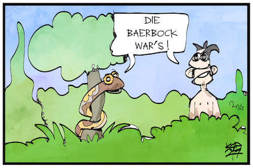 Cartoon: Sünden-Baerbock (medium) by Kostas Koufogiorgos tagged karikatur,koufogiorgos,illustration,cartoon,baerbock,schlange,adam,paradies,schuld,karikatur,koufogiorgos,illustration,cartoon,baerbock,schlange,adam,paradies,schuld