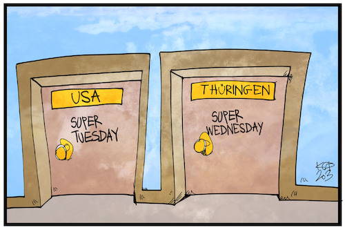 Cartoon: Super Wednesday in Thüringen (medium) by Kostas Koufogiorgos tagged karikatur,koufogiorgos,illustration,cartoon,thueringen,wahl,ministerpräsident,ramelow,landtag,erfurt,usa,super,tuesday,vorwahl,karikatur,koufogiorgos,illustration,cartoon,thueringen,wahl,ministerpräsident,ramelow,landtag,erfurt,usa,super,tuesday,vorwahl