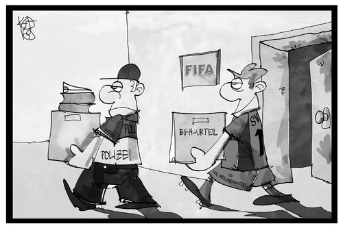 Cartoon: SV Wilhelmshaven vs. FIFA (medium) by Kostas Koufogiorgos tagged karikatur,koufogiorgos,illustration,cartoon,sv,wilhelmshaven,fussball,verein,weltverband,fifa,bgh,urteil,polizei,razzia,sport,karikatur,koufogiorgos,illustration,cartoon,sv,wilhelmshaven,fussball,verein,weltverband,fifa,bgh,urteil,polizei,razzia,sport