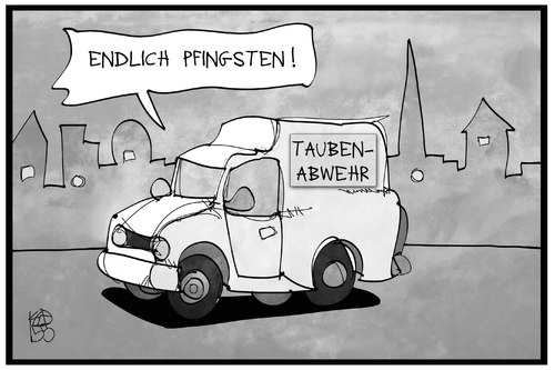 Cartoon: Taubenabwehr (medium) by Kostas Koufogiorgos tagged karikatur,koufogiorgos,illustration,cartoon,taube,taubenabwehr,heiliger,geist,christentum,pfingsten,feiertag,unternehmer,kammerjäger,arbeit,geschäft,karikatur,koufogiorgos,illustration,cartoon,taube,taubenabwehr,heiliger,geist,christentum,pfingsten,feiertag,unternehmer,kammerjäger,arbeit,geschäft