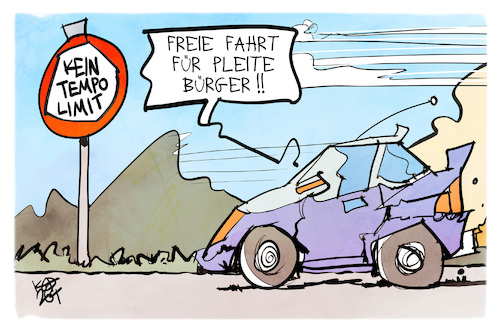 Cartoon: Tempolimit (medium) by Kostas Koufogiorgos tagged karikatur,koufogiorgos,tempolimit,auto,spritpreis,pleite,verkehr,karikatur,koufogiorgos,tempolimit,auto,spritpreis,pleite,verkehr