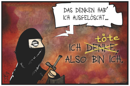 Cartoon: Terrorismus (medium) by Kostas Koufogiorgos tagged karikatur,koufogiorgos,illustration,cartoon,terrorismus,terrorist,denken,auslöschen,zitat,descartes,verstand,töten,mord,karikatur,koufogiorgos,illustration,cartoon,terrorismus,terrorist,denken,auslöschen,zitat,descartes,verstand,töten,mord