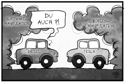 Cartoon: Tesla und Diesel (medium) by Kostas Koufogiorgos tagged karikatur,koufogiorgos,illustration,cartoon,musk,tesla,manipulation,diesel,gate,abgas,affäre,klage,börse,börsenaufsicht,usa,karikatur,koufogiorgos,illustration,cartoon,musk,tesla,manipulation,diesel,gate,abgas,affäre,klage,börse,börsenaufsicht,usa