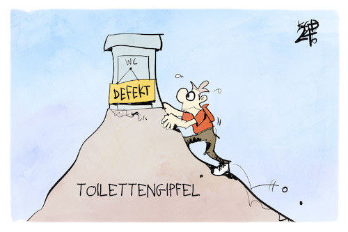 Cartoon: Toilettengipfel (medium) by Kostas Koufogiorgos tagged karikatur,koufogiorgos,toilette,gipfel,defekt,sisyphos,hygiene,karikatur,koufogiorgos,toilette,gipfel,defekt,sisyphos,hygiene