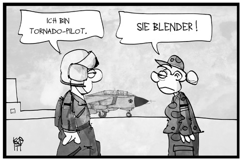 Cartoon: Tornadopilot in Syrien (medium) by Kostas Koufogiorgos tagged karikatur,koufogiorgos,illustration,cartoon,bundeswehr,soldat,soldatin,tornado,pilot,blender,nachtflug,syrien,einsatz,beruf,angeber,karikatur,koufogiorgos,illustration,cartoon,bundeswehr,soldat,soldatin,tornado,pilot,blender,nachtflug,syrien,einsatz,beruf,angeber