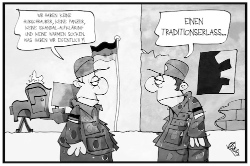 Cartoon: Traditionserlass (medium) by Kostas Koufogiorgos tagged karikatur,koufogiorgos,illustration,cartoon,traditionserlass,bundeswehr,rüstungsmängel,soldat,beruf,skandale,panzer,hubschrauber,militär,karikatur,koufogiorgos,illustration,cartoon,traditionserlass,bundeswehr,rüstungsmängel,soldat,beruf,skandale,panzer,hubschrauber,militär