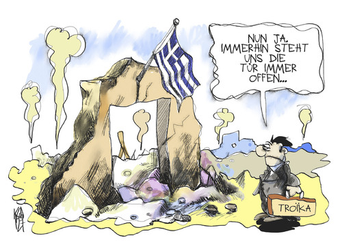 Cartoon: Troika (medium) by Kostas Koufogiorgos tagged griechenland,troika,ezb,iwf,eu,wirtschaft,euro,schulden,krise,ruine,karikatur,kostas,koufogiorgos