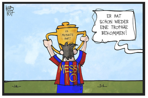 Cartoon: Trophäe für Messi (medium) by Kostas Koufogiorgos tagged karikatur,koufogiorgos,illustration,cartoon,lionel,messi,fussball,spieler,steuerhinterziehung,betrug,kriminalität,haft,strafe,trophäe,pokal,geld,korruption,sport,karikatur,koufogiorgos,illustration,cartoon,lionel,messi,fussball,spieler,steuerhinterziehung,betrug,kriminalität,haft,strafe,trophäe,pokal,geld,korruption,sport