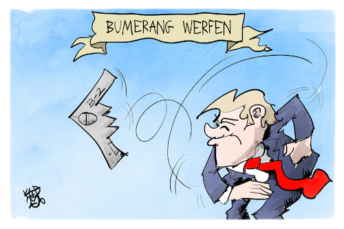 Cartoon: Trump greift ein (medium) by Kostas Koufogiorgos tagged karikatur,koufogiorgos,trump,iran,bumerang,b2,usa,krieg,karikatur,koufogiorgos,trump,iran,bumerang,b2,usa,krieg