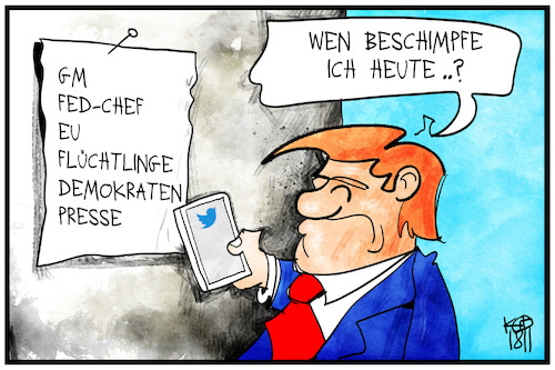 Cartoon: Trump schimpft (medium) by Kostas Koufogiorgos tagged karikatur,koufogiorgos,illustration,cartoon,trump,twitter,beschimpfen,gm,fed,eu,flüchtlinge,presse,soziale,medien,smartphone,usa,präsident,karikatur,koufogiorgos,illustration,cartoon,trump,twitter,beschimpfen,gm,fed,eu,flüchtlinge,presse,soziale,medien,smartphone,usa,präsident