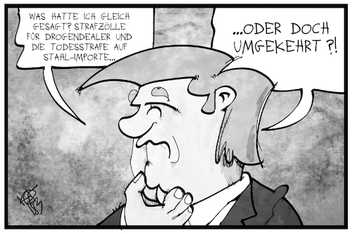 Cartoon: Trump und die Todesstrafe (medium) by Kostas Koufogiorgos tagged karikatur,koufogiorgos,illustration,cartoon,trump,todesstrafe,strafzoll,aluminium,stahl,wirtschaft,verwechslung,drogen,dealer,strafe,usa,präsident,karikatur,koufogiorgos,illustration,cartoon,trump,todesstrafe,strafzoll,aluminium,stahl,wirtschaft,verwechslung,drogen,dealer,strafe,usa,präsident