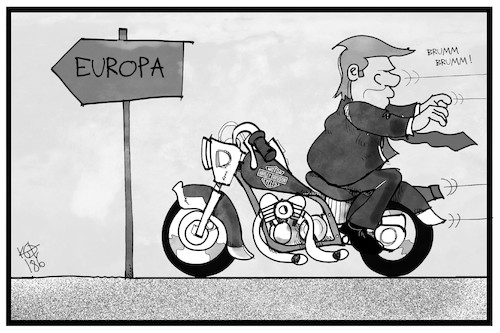 Cartoon: Trump und seine Harley (medium) by Kostas Koufogiorgos tagged karikatur,koufogiorgos,illustration,cartoon,trump,harley,davidson,motorrad,usa,strafzoll,wirtschaft,europa,richtungswechsel,karikatur,koufogiorgos,illustration,cartoon,trump,harley,davidson,motorrad,usa,strafzoll,wirtschaft,europa,richtungswechsel