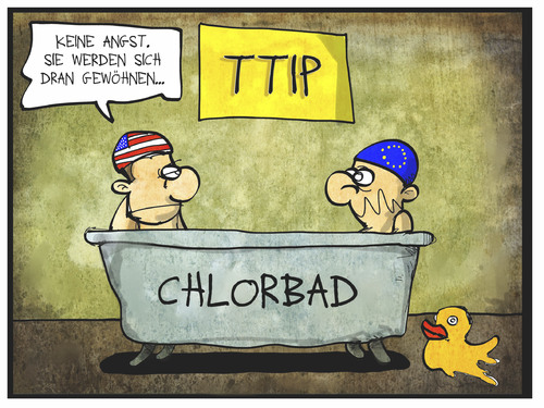 Cartoon: TTIP-Verhandlungen (medium) by Kostas Koufogiorgos tagged karikatur,koufogiorgos,illustration,cartoon,ttip,chlorbad,usa,europa,eu,freihandelsabkommen,wirtschaft,politik,verbraucherschutz,bad,mann,quietscheentchen,qualitätstandards,karikatur,koufogiorgos,illustration,cartoon,ttip,chlorbad,usa,europa,eu,freihandelsabkommen,wirtschaft,politik,verbraucherschutz,bad,mann,quietscheentchen,qualitätstandards