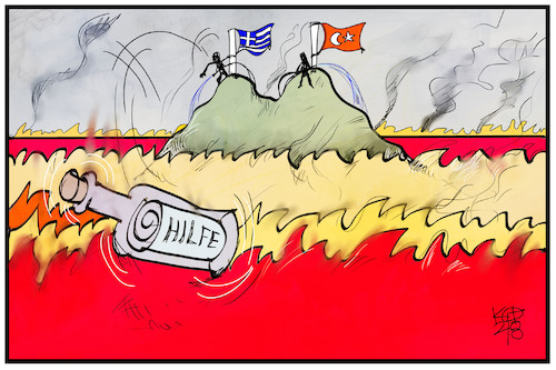 Cartoon: Türkei und Griechenland (medium) by Kostas Koufogiorgos tagged karikatur,koufogiorgos,illustration,cartoon,tuerkei,griechenland,waldbrand,feuer,hilfe,flaschenpost,insel,castaway,karikatur,koufogiorgos,illustration,cartoon,tuerkei,griechenland,waldbrand,feuer,hilfe,flaschenpost,insel,castaway