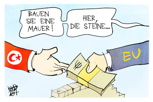 Cartoon: Tunesien-Deal (medium) by Kostas Koufogiorgos tagged karikatur,koufogiorgos,tunesien,eu,geld,mauer,steine,bau,karikatur,koufogiorgos,tunesien,eu,geld,mauer,steine,bau