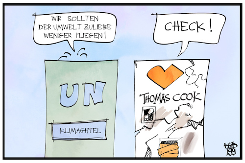 Cartoon: UN-Klimagipfel (medium) by Kostas Koufogiorgos tagged karikatur,koufogiorgos,illustration,cartoon,fliegen,airline,thomas,cook,klimagipfel,un,vereinte,nationen,karikatur,koufogiorgos,illustration,cartoon,fliegen,airline,thomas,cook,klimagipfel,un,vereinte,nationen