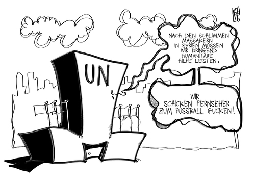 Cartoon: UN (medium) by Kostas Koufogiorgos tagged un,vereinte,nationen,syrien,fernseher,tv,fussball,em,bürgerkrieg,assad,karikatur,kostas,koufogiorgos,un,syrien,fernseher,fussball,bürgerkrieg