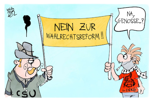 Cartoon: Union und Linke vereint (medium) by Kostas Koufogiorgos tagged karikatur,koufogiorgos,wahlrechtsreform,bundestag,linke,union,cdu,csu,demonstration,genosse,karikatur,koufogiorgos,wahlrechtsreform,bundestag,linke,union,cdu,csu,demonstration,genosse