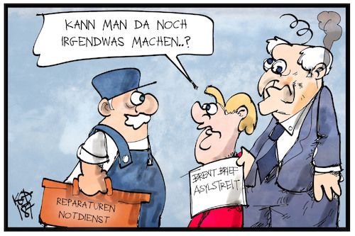 Cartoon: Unionsstreit (medium) by Kostas Koufogiorgos tagged karikatur,koufogiorgos,illustration,cartoon,seehofer,merkel,reparatur,kaputt,defekt,eildienst,notdienst,handwerker,csu,politik,streit,regierung,unionsstreit,karikatur,koufogiorgos,illustration,cartoon,seehofer,merkel,reparatur,kaputt,defekt,eildienst,notdienst,handwerker,csu,politik,streit,regierung,unionsstreit