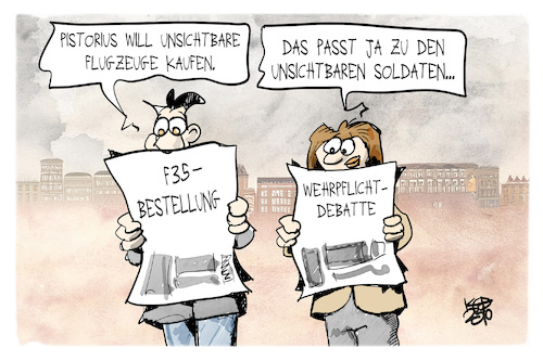 Cartoon: Unsichtbare Bundeswehr (medium) by Kostas Koufogiorgos tagged karikatur,koufogiorgos,bundeswehr,f35,tarnung,unsichtbar,karikatur,koufogiorgos,bundeswehr,f35,tarnung,unsichtbar