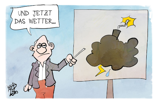 Cartoon: Unwetterwarnung (medium) by Kostas Koufogiorgos tagged karikatur,koufogiorgos,unwetter,wetterbericht,gewitter,bombe,gefahr,karikatur,koufogiorgos,unwetter,wetterbericht,gewitter,bombe,gefahr