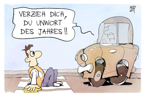 Cartoon: Unwort des Jahres (medium) by Kostas Koufogiorgos tagged karikatur,koufogiorgos,klimaterrorist,unwort,strasse,auto,klimakleber,karikatur,koufogiorgos,klimaterrorist,unwort,strasse,auto,klimakleber