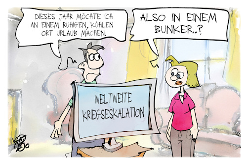 Cartoon: Urlaubspläne 2025 (medium) by Kostas Koufogiorgos tagged karikatur,koufogiorgos,urlaub,bunker,sicherheit,kühl,ruhig,ferien,krieg,karikatur,koufogiorgos,urlaub,bunker,sicherheit,kühl,ruhig,ferien,krieg