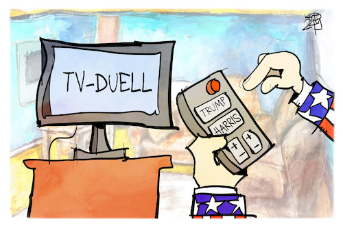 Cartoon: US-TV-Duell (medium) by Kostas Koufogiorgos tagged karikatur,koufogiorgos,harris,trump,usa,wahlkampf,duell,fernbedienung,karikatur,koufogiorgos,harris,trump,usa,wahlkampf,duell,fernbedienung