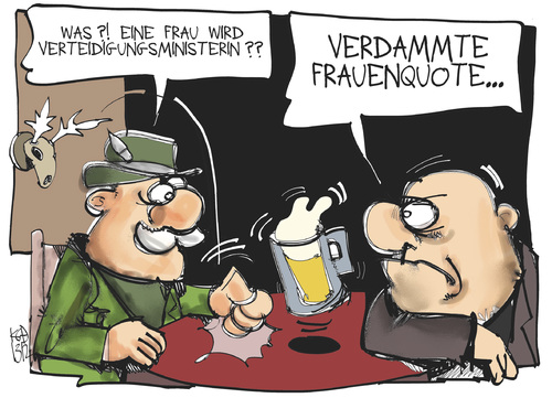 Cartoon: Verteidigungsministerin (medium) by Kostas Koufogiorgos tagged verteidigungsministerin,leyen,stammtisch,frauenquote,karikatur,koufogiorgos,politik,verteidigungsministerin,leyen,stammtisch,frauenquote,karikatur,koufogiorgos,politik