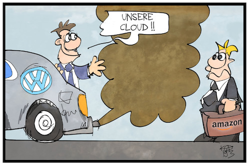 Cartoon: Volkswagen-Cloud (medium) by Kostas Koufogiorgos tagged karikatur,koufogiorgos,illustration,cartoon,volkswagen,cloud,amazon,dieselgate,abgas,digitalisierung,autobauer,wirtschaft,karikatur,koufogiorgos,illustration,cartoon,volkswagen,cloud,amazon,dieselgate,abgas,digitalisierung,autobauer,wirtschaft