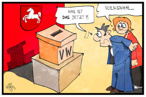 Cartoon: Volkswahl (medium) by Kostas Koufogiorgos tagged karikatur,koufogiorgos,illustration,cartoon,niedersachsen,wahl,vw,volkswahl,volkswagen,neuwahl,demokratie,wahlurne,urnengang,wähler,karikatur,koufogiorgos,illustration,cartoon,niedersachsen,wahl,vw,volkswahl,volkswagen,neuwahl,demokratie,wahlurne,urnengang,wähler