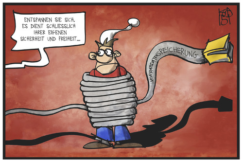 Cartoon: Vorratsdatenspeicherung (medium) by Kostas Koufogiorgos tagged cartoon,illustration,koufogiorgos,karikatur,vorratsdatenspeicherung,michel,freiheit,sicherheit,kabel,netzkabel,telekommunikation,internet,politik,cartoon,illustration,koufogiorgos,karikatur,vorratsdatenspeicherung,michel,freiheit,sicherheit,kabel,netzkabel,telekommunikation,internet,politik