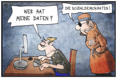 Cartoon: Vorratsdatenspeicherung (medium) by Kostas Koufogiorgos tagged karikatur,koufogiorgos,illustration,cartoon,spd,sozialdemokraten,computer,daten,vorratsdatenspeicherung,datenschutz,privatsphäre,agent,spion,spionage,politik,karikatur,koufogiorgos,illustration,cartoon,spd,sozialdemokraten,computer,daten,vorratsdatenspeicherung,datenschutz,privatsphäre,agent,spion,spionage,politik