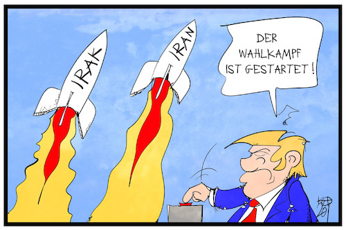 Cartoon: Wahlkampf USA (medium) by Kostas Koufogiorgos tagged karikatur,koufogiorgos,illustration,cartoon,wahlkampf,usa,rakete,iran,irak,krieg,konflikt,trump,wahl,karikatur,koufogiorgos,illustration,cartoon,wahlkampf,usa,rakete,iran,irak,krieg,konflikt,trump,wahl