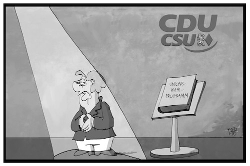 Cartoon: Wahlprogramm Union (medium) by Kostas Koufogiorgos tagged karikatur,koufogiorgos,illustration,cartoon,union,cdu,csu,wahlprogramm,wahlkampf,merkel,show,scheinwerfer,spot,präsentation,karikatur,koufogiorgos,illustration,cartoon,union,cdu,csu,wahlprogramm,wahlkampf,merkel,show,scheinwerfer,spot,präsentation