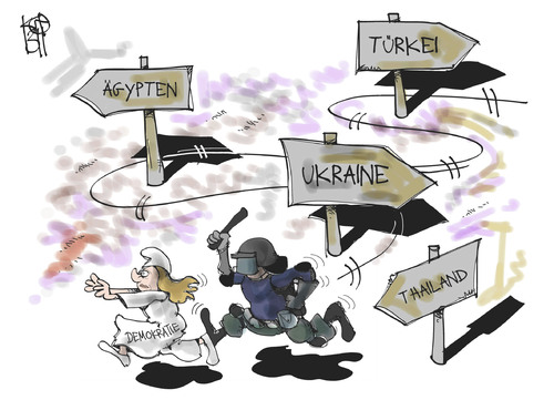 Cartoon: Wege der Demokratie (medium) by Kostas Koufogiorgos tagged demokratie,ukraine,thailand,ägypten,türkei,karikatur,koufogiorgos,polizei,gewalt,demokratie,ukraine,thailand,ägypten,türkei,karikatur,koufogiorgos,polizei,gewalt