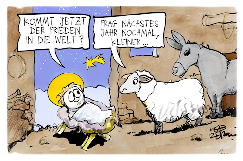 Cartoon: Weltfrieden (medium) by Kostas Koufogiorgos tagged karikatur,koufogiorgos,weltfrieden,christi,geburt,schaf,esel,krippe,weihnachten,karikatur,koufogiorgos,weltfrieden,christi,geburt,schaf,esel,krippe,weihnachten