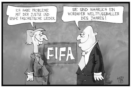 Cartoon: Weltfußballer des Jahres (medium) by Kostas Koufogiorgos tagged karikatur,koufogiorgos,illustration,cartoon,fifa,fußball,korruption,straftat,faschismus,kroatien,sport,weltverband,infantino,modric,karikatur,koufogiorgos,illustration,cartoon,fifa,fußball,korruption,straftat,faschismus,kroatien,sport,weltverband,infantino,modric