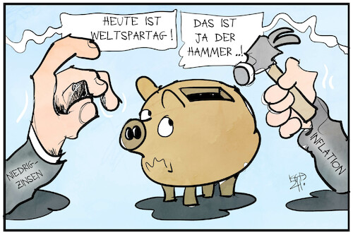 Cartoon: Weltspartag (medium) by Kostas Koufogiorgos tagged karikatur,koufogiorgos,illustration,cartoon,weltspartag,zinsen,inflation,hammer,sparschwein,geld,karikatur,koufogiorgos,illustration,cartoon,weltspartag,zinsen,inflation,hammer,sparschwein,geld