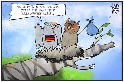 Cartoon: Willkommenskultur (medium) by Kostas Koufogiorgos tagged karikatur,koufogiorgos,cartoon,illustration,deutschland,bundesadler,willkommenskultur,eule,nest,vogel,einwanderung,migration,politik,karikatur,koufogiorgos,cartoon,illustration,deutschland,bundesadler,willkommenskultur,eule,nest,vogel,einwanderung,migration,politik