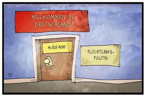 Cartoon: Willkommenskultur (medium) by Kostas Koufogiorgos tagged karikatur,koufogiorgos,illustration,cartoon,willkommenskultur,deutschland,flüchtlinge,asyl,politik,ausgang,raus,tür,karikatur,koufogiorgos,illustration,cartoon,willkommenskultur,deutschland,flüchtlinge,asyl,politik,ausgang,raus,tür