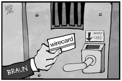 Cartoon: Wirecard (medium) by Kostas Koufogiorgos tagged karikatur,koufogiorgos,illustration,cartoon,braun,wirecard,bilanzskandal,dax,wirtschaft,betrug,polizei,gefaengnis,zelle,haft,untersuchungshaft,kartenöffner,tuer,gitter,karikatur,koufogiorgos,illustration,cartoon,braun,wirecard,bilanzskandal,dax,wirtschaft,betrug,polizei,gefaengnis,zelle,haft,untersuchungshaft,kartenöffner,tuer,gitter