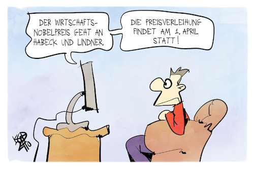 Cartoon: Wirtschaftsnobelpreis (medium) by Kostas Koufogiorgos tagged karikatur,koufogiorgos,wirtschaftsnobelpreis,habeck,lindner,aprilscherz,karikatur,koufogiorgos,wirtschaftsnobelpreis,habeck,lindner,aprilscherz