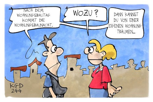 Cartoon: Wohnungsbau-Tag (medium) by Kostas Koufogiorgos tagged karikatur,koufogiorgos,wohnung,tag,nacht,traum,wohnungsbautag,karikatur,koufogiorgos,wohnung,tag,nacht,traum,wohnungsbautag