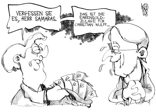 Cartoon: Samaras vs. Wulff (medium) by Kostas Koufogiorgos tagged koufogiorgos,kostas,karikatur,hilfe,geld,merkel,deutschland,griechenland,samaras,bundespräsident,wulff,wulff,bundespräsident,samaras,griechenland,deutschland,merkel,geld,hilfe,karikatur,kostas,koufogiorgos