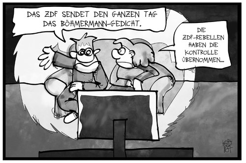 Cartoon: ZDF-Rebellen (medium) by Kostas Koufogiorgos tagged karikatur,koufogiorgos,illustration,cartoon,zdf,boehmermann,fernsehen,zuschauer,rebellen,satire,schmaehkritik,medien,karikatur,koufogiorgos,illustration,cartoon,zdf,boehmermann,fernsehen,zuschauer,rebellen,satire,schmaehkritik,medien